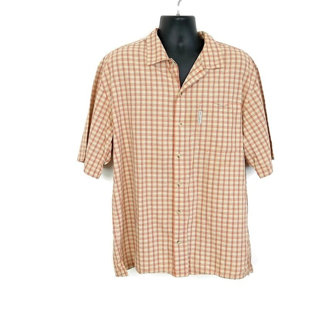 Columbia Button Down Shirt Men L Orange Plaid Short Slv Cotton Hiking Gorpcore